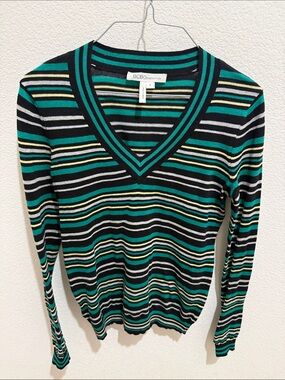 BCBGeneration Black, Teal & Yellow Striped V-Neck Sweater y2k